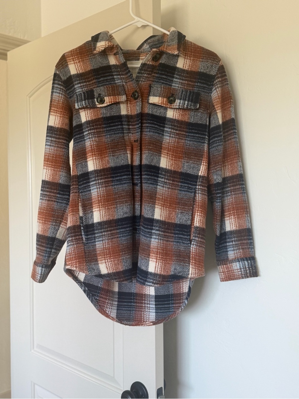 Plaid Hooded Shacket - Brown & Navy Plaid